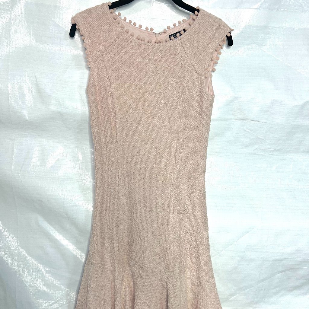 Tan / Cream - Knit Drop Waist Flair Dress With Ball Trim Accent Small